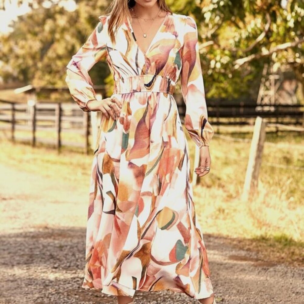2024 Fall Boho Maxi Dress - Long Sleeve, V‎ Neck, Flowy, Printed Beach Style
